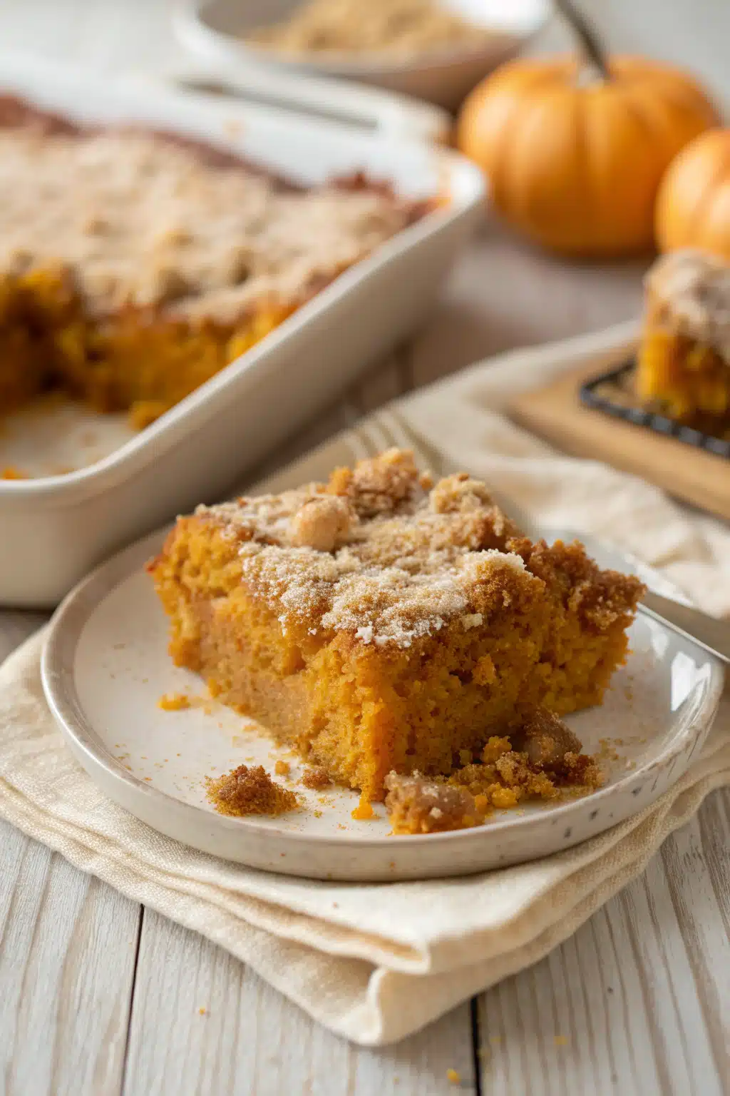 Easy Pumpkin Dump Cake slice on plate showing perfect texture and swirl pattern