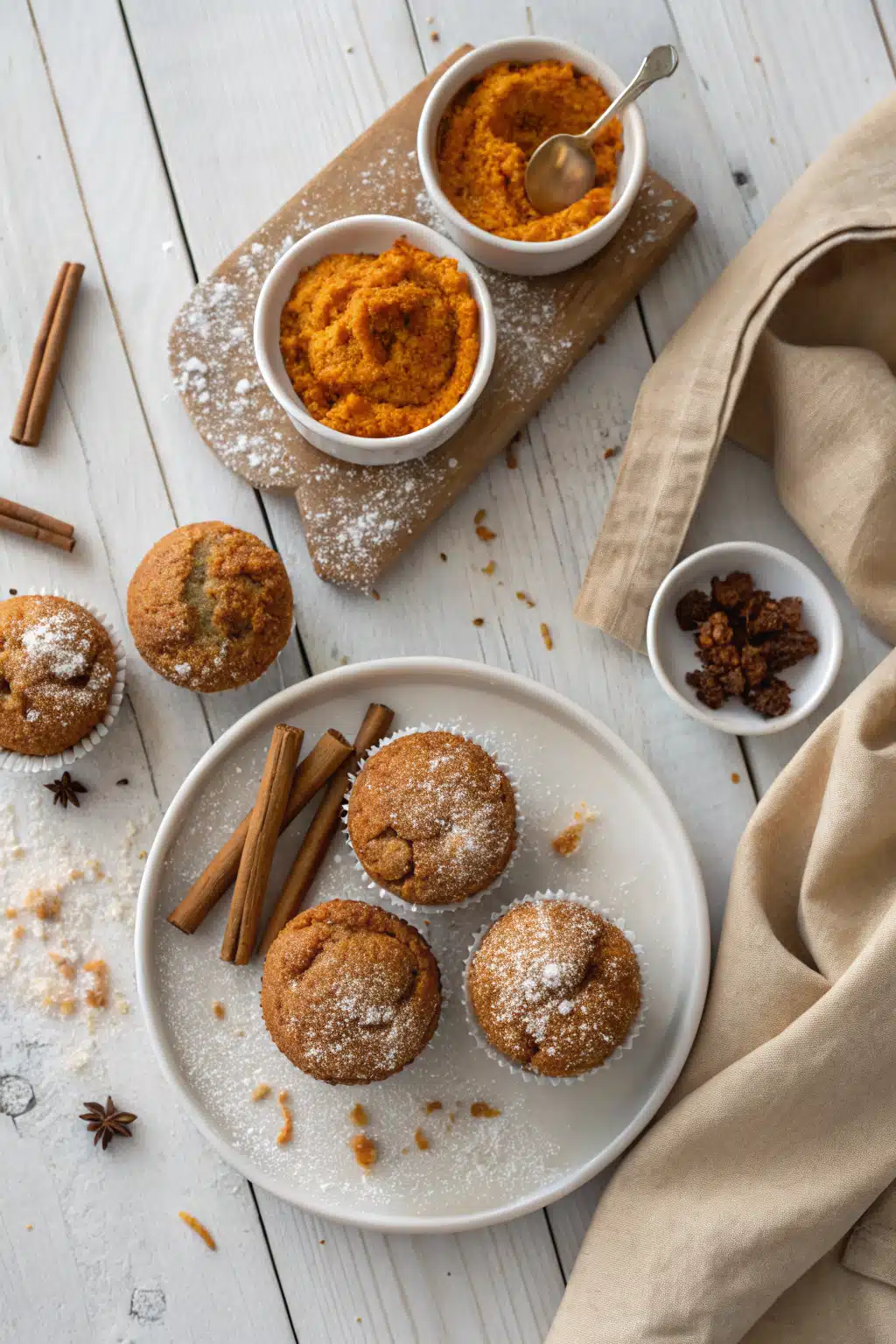 Easy Pumpkin Muffins beautifully presented from an overhead angle