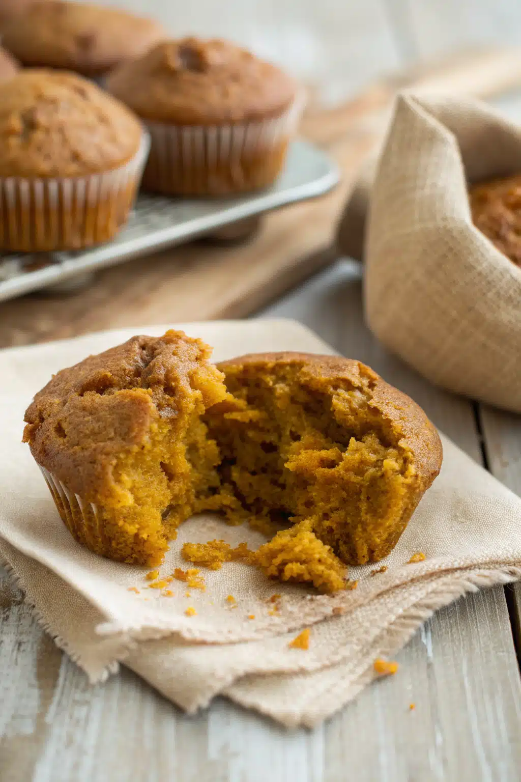 Easy Pumpkin Muffins slice on plate showing perfect texture and swirl pattern