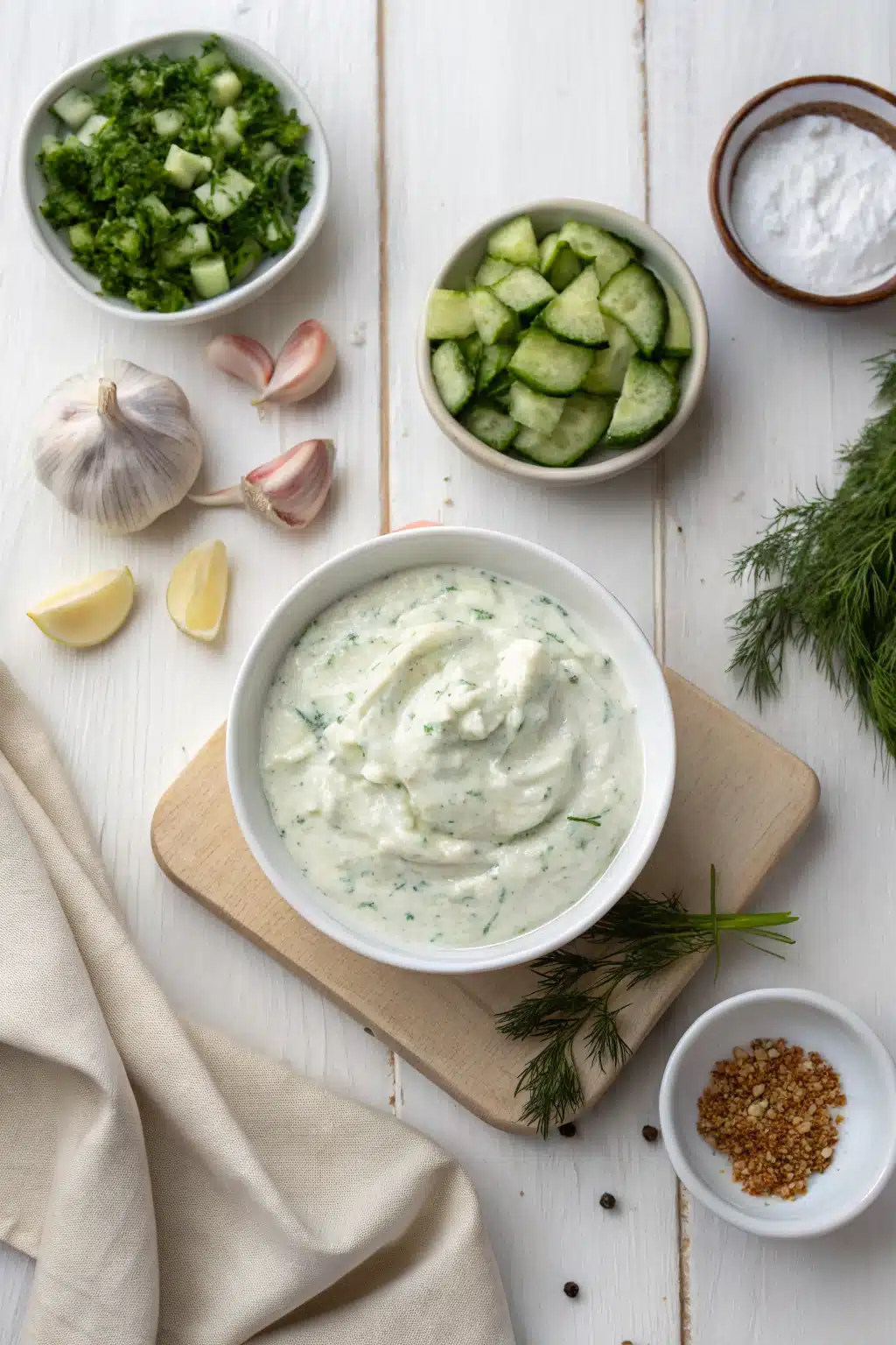 Easy Tzatziki Sauce beautifully presented from an overhead angle