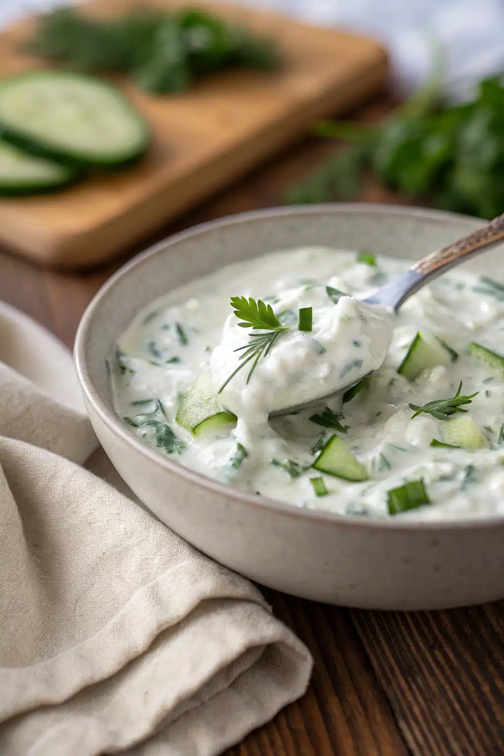 Easy Tzatziki Sauce slice on plate showing perfect texture and swirl pattern