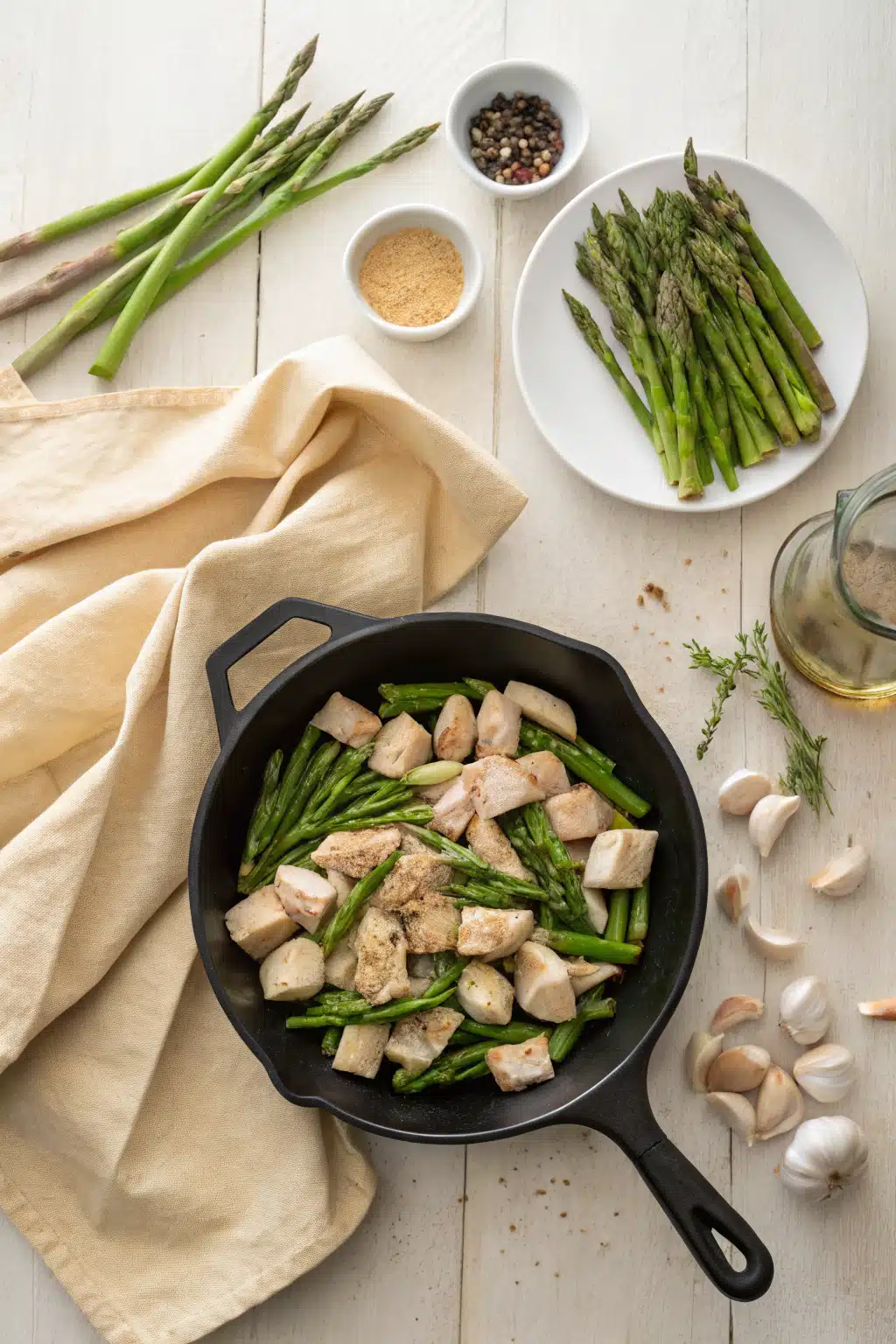 Chicken Asparagus Skillet beautifully presented from an overhead angle