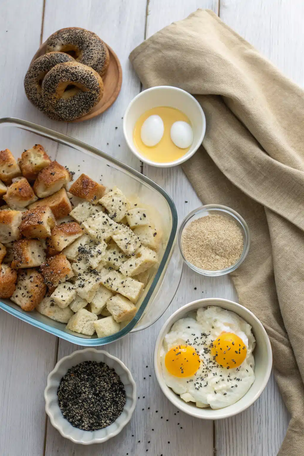 Everything Bagel Casserole beautifully presented from an overhead angle