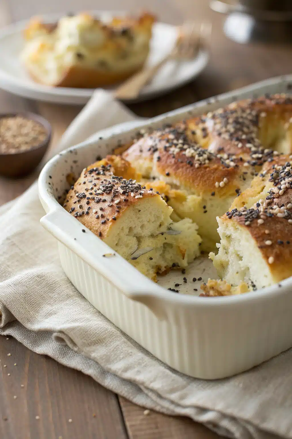 Everything Bagel Casserole slice on plate showing perfect texture and swirl pattern