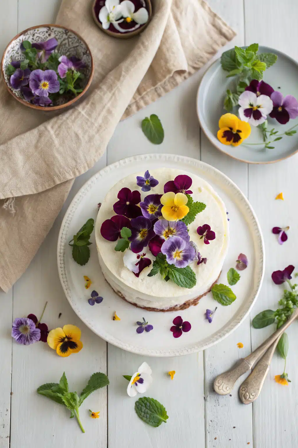 Edible Flower Cake beautifully presented from an overhead angle