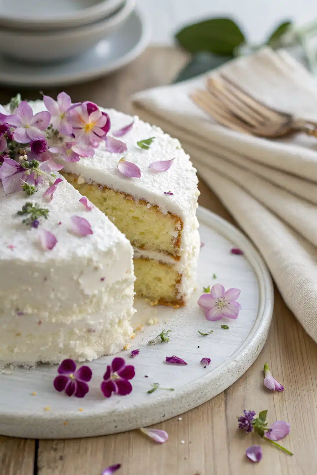 Edible Flower Cake slice on plate showing perfect texture and swirl pattern