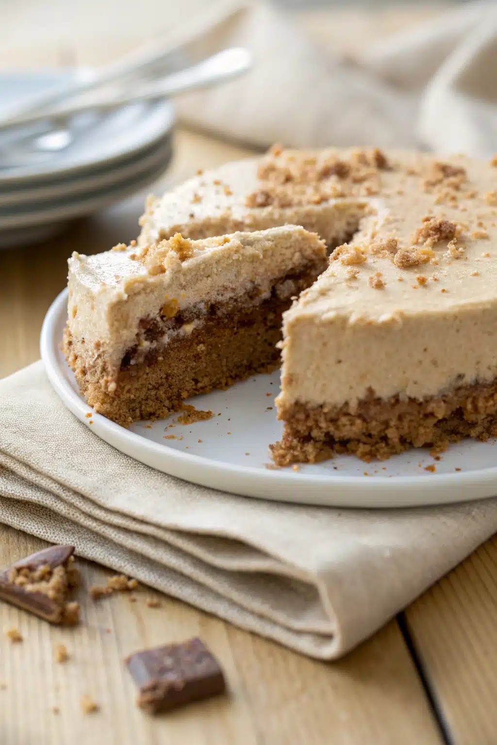 No-bake frozen cake slice on plate showing perfect texture and swirl pattern