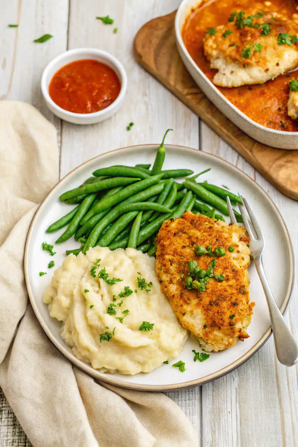 Baked Garlic Parmesan Chicken beautifully presented from an overhead angle