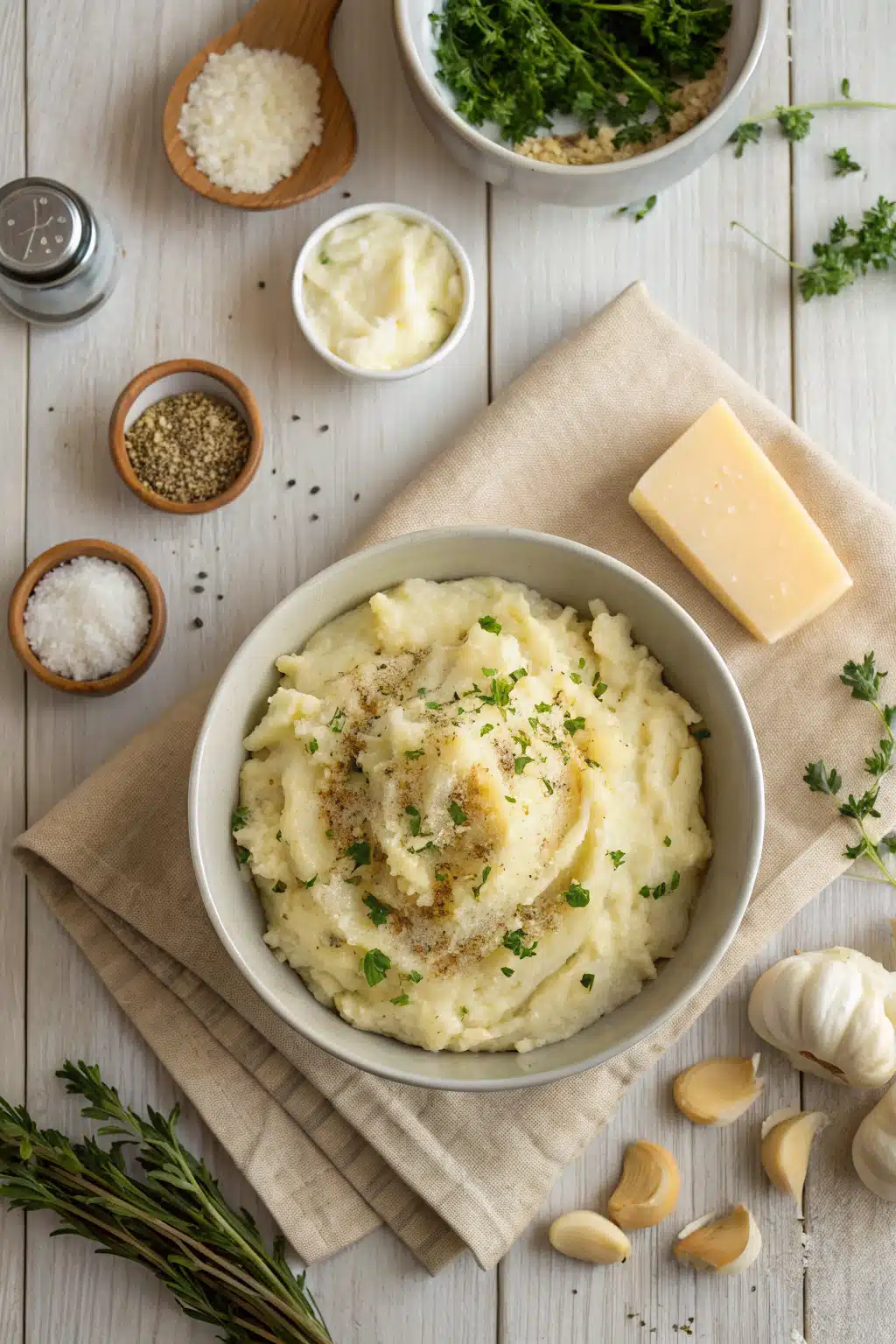 Garlic Parmesan Mashed Potatoes beautifully presented from an overhead angle