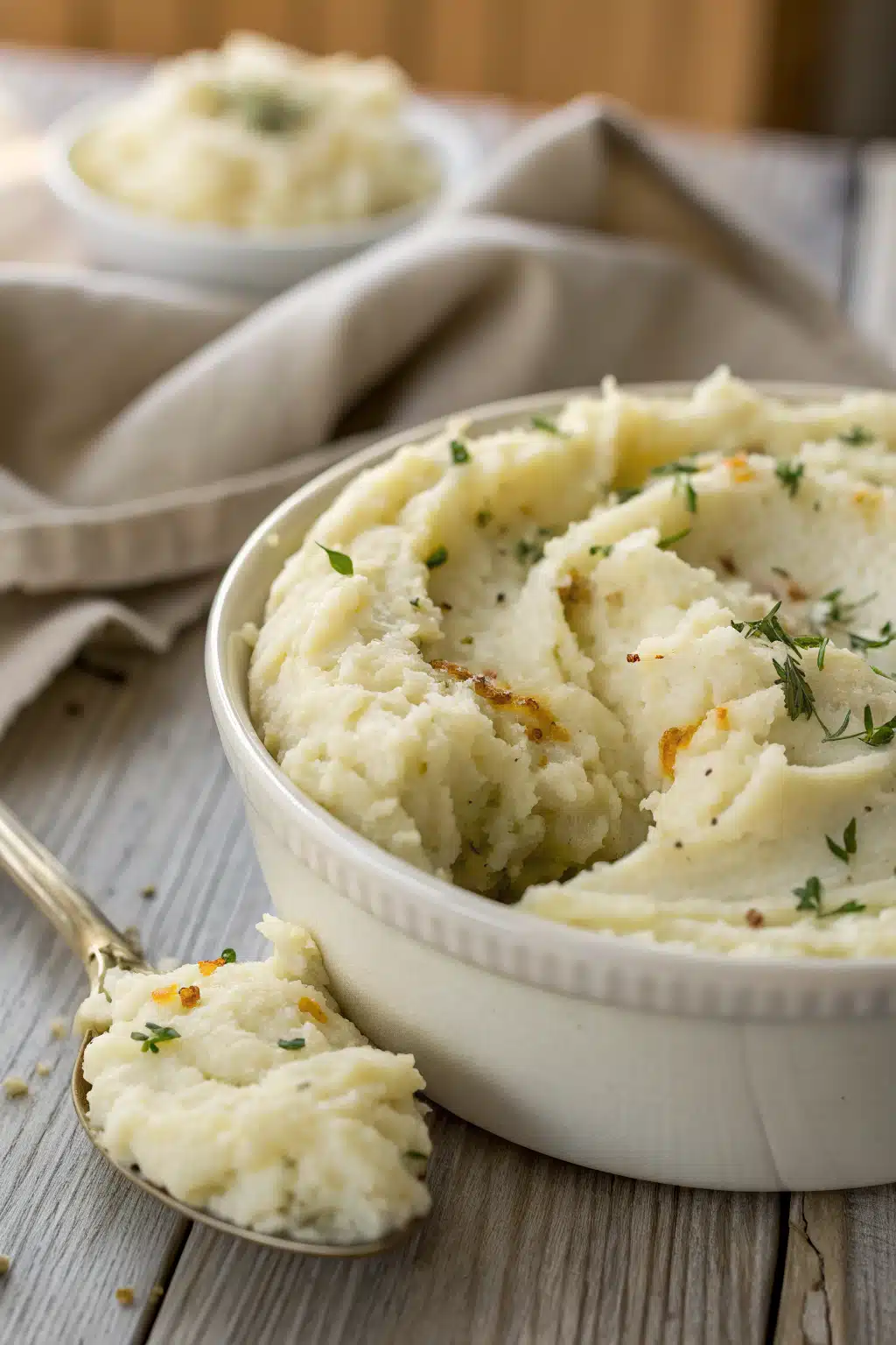Garlic Parmesan Mashed Potatoes slice on plate showing perfect texture and swirl pattern