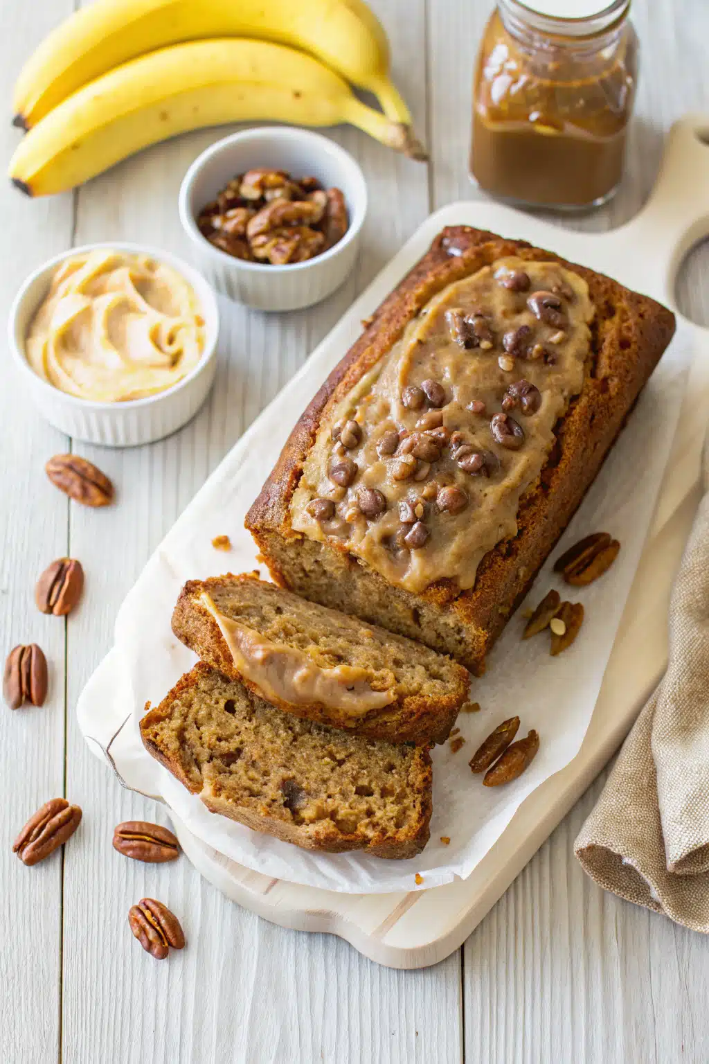 Greek Yogurt Banana Bread beautifully presented from an overhead angle