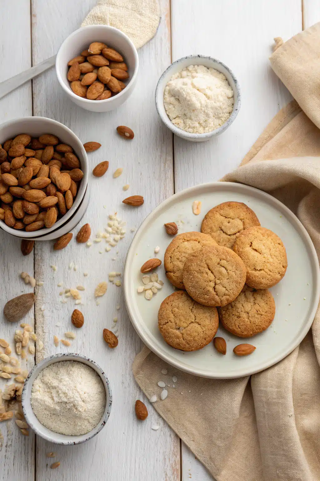 Gluten Free Almond Cookies beautifully presented from an overhead angle