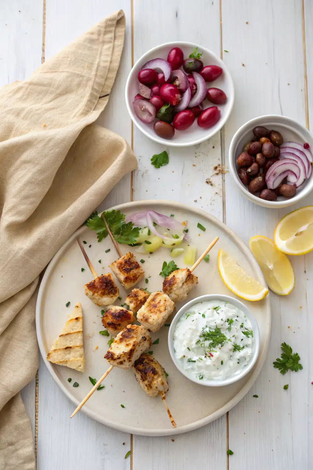 Greek Chicken Souvlaki beautifully presented from an overhead angle
