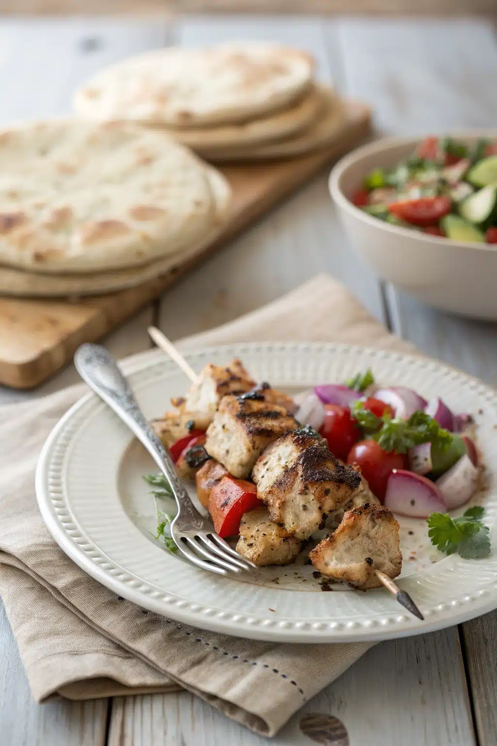 Greek Chicken Souvlaki ingredients organized and measured on kitchen counter