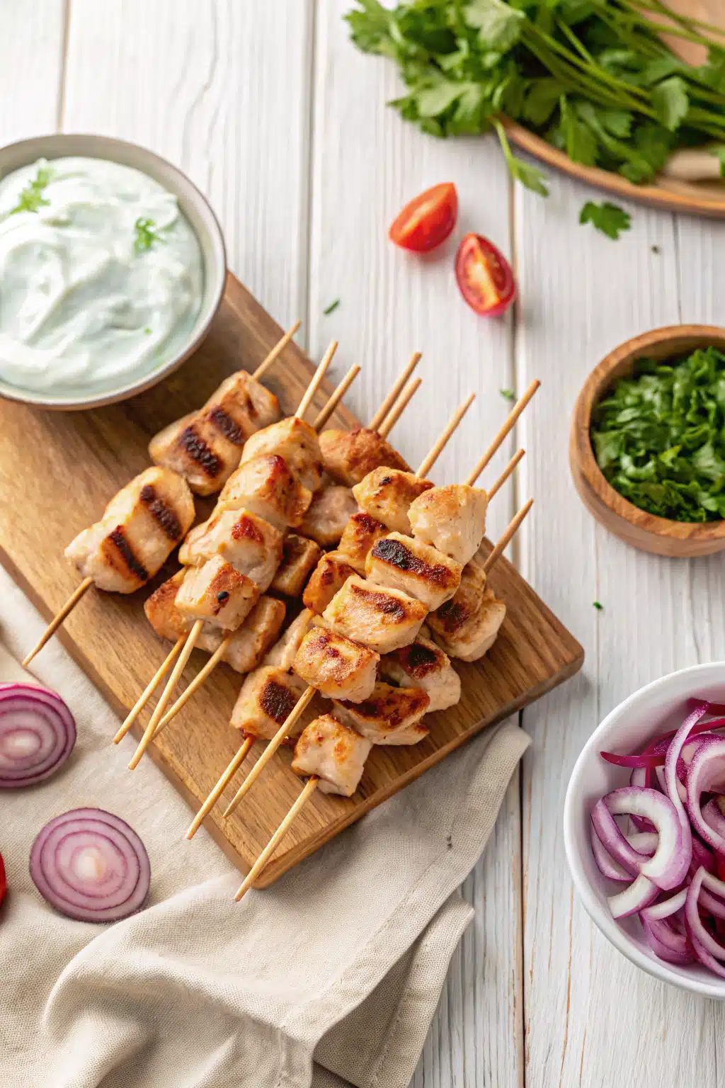 Greek Chicken Souvlaki beautifully presented from an overhead angle