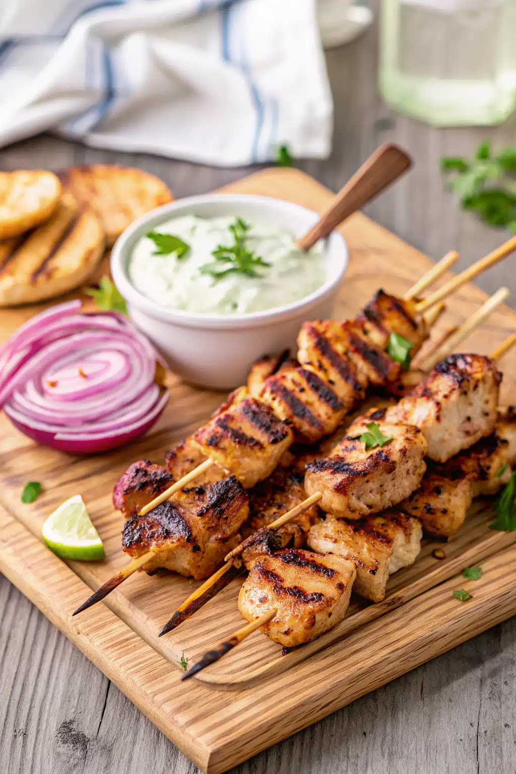 Greek Chicken Souvlaki ingredients organized and measured on kitchen counter
