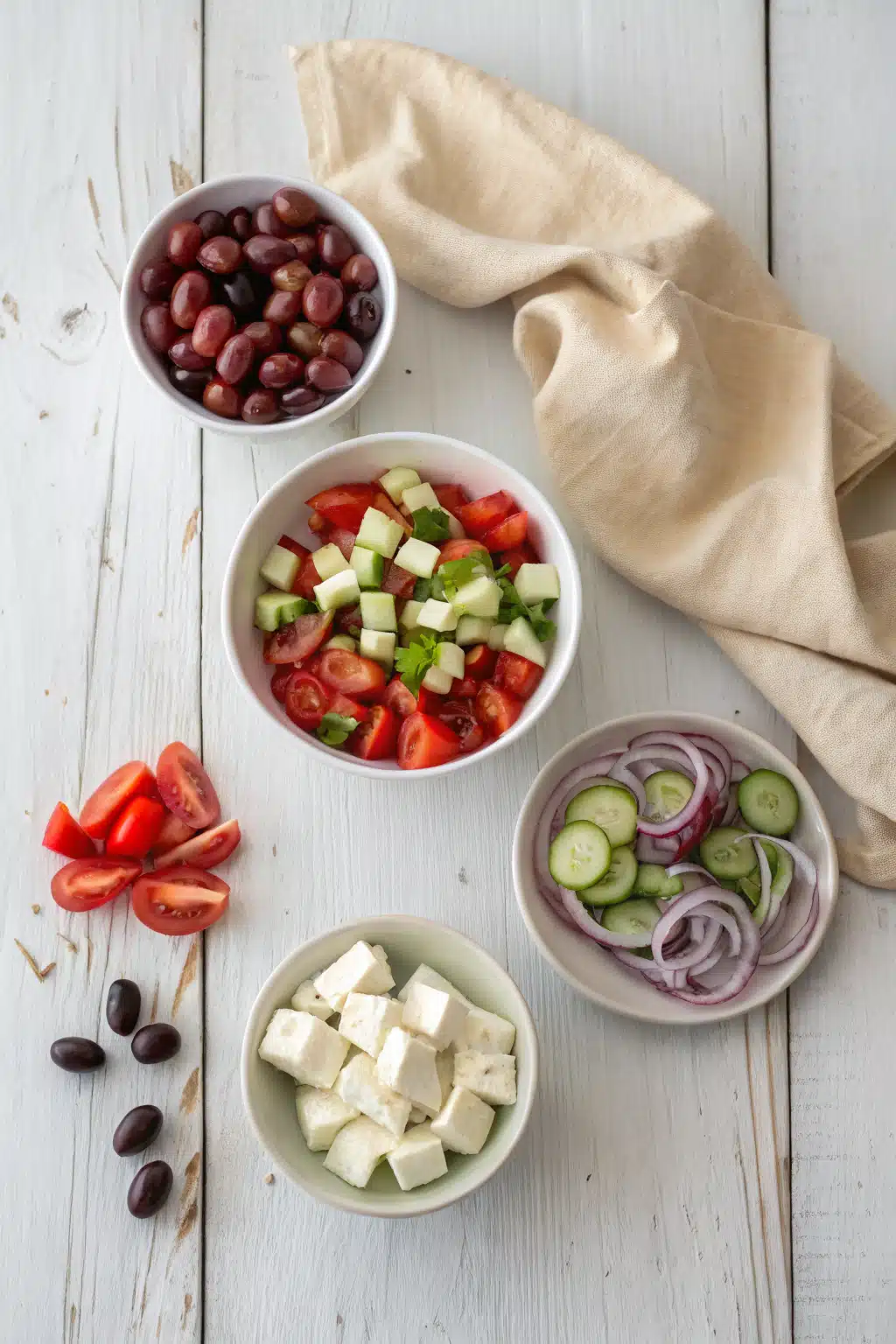 Greek Salad beautifully presented from an overhead angle