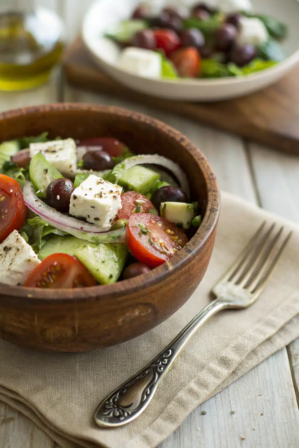 Greek Salad ingredients organized and measured on kitchen counter