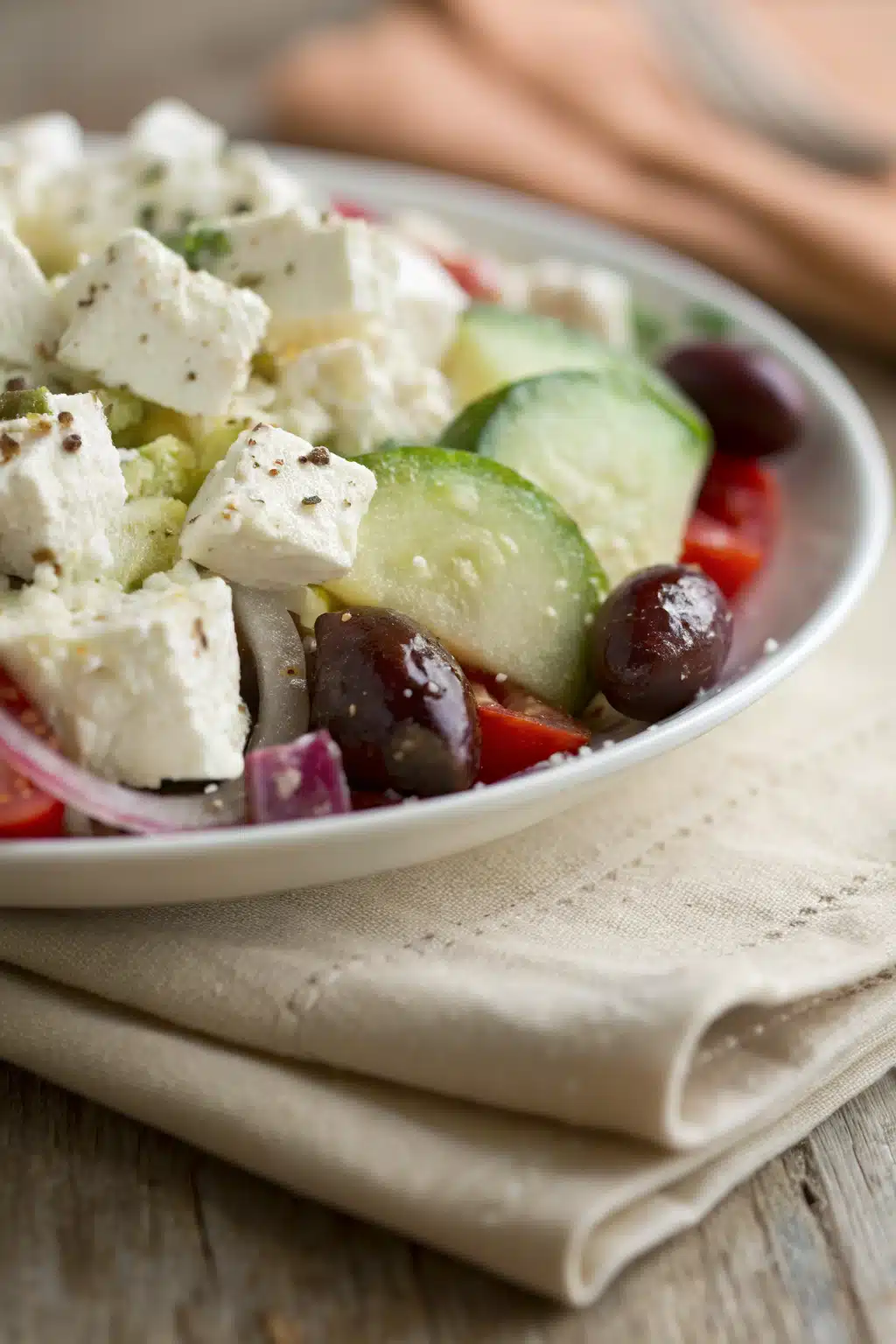 Greek Salad slice on plate showing perfect texture and swirl pattern