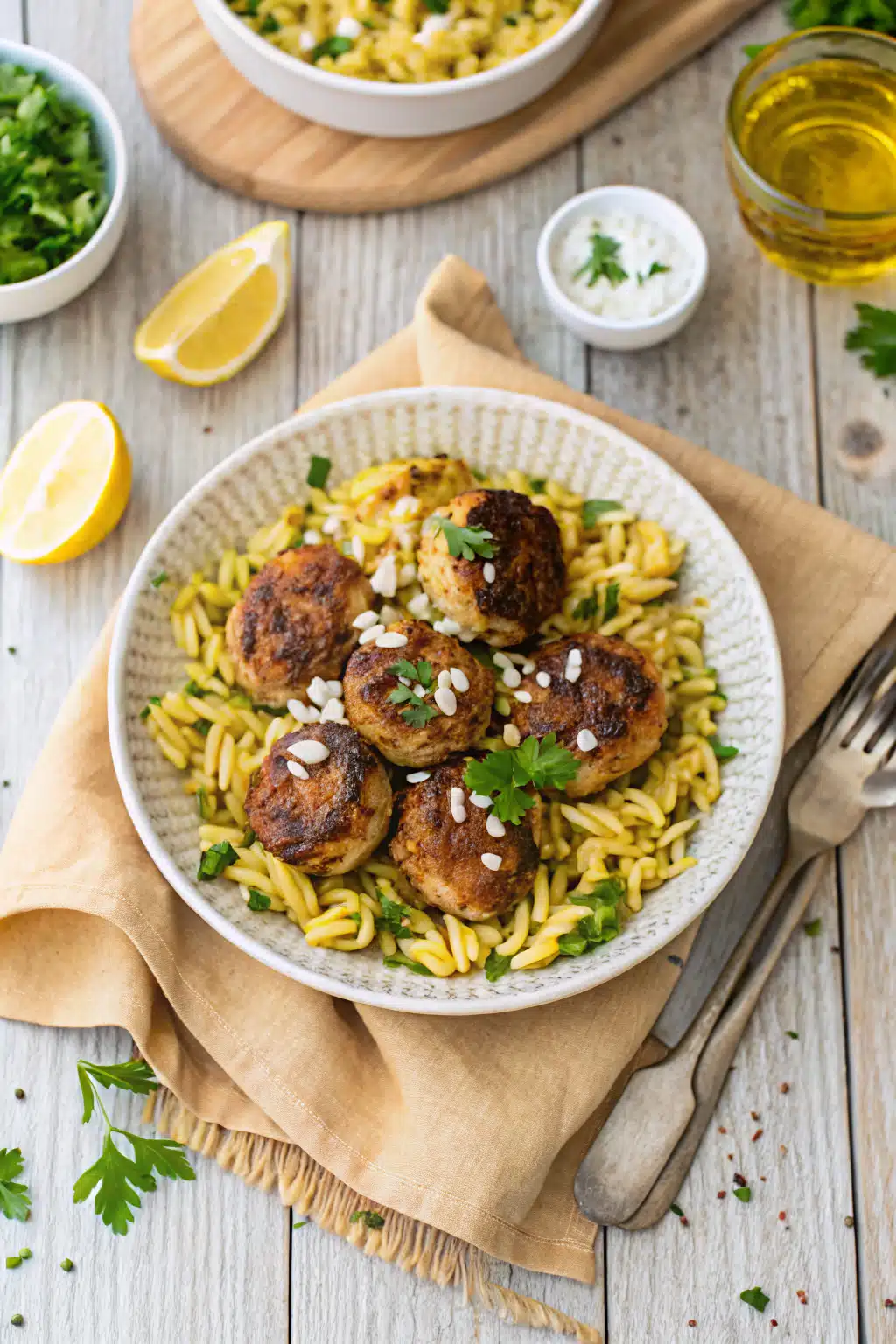 Greek Chicken Meatballs beautifully presented from an overhead angle