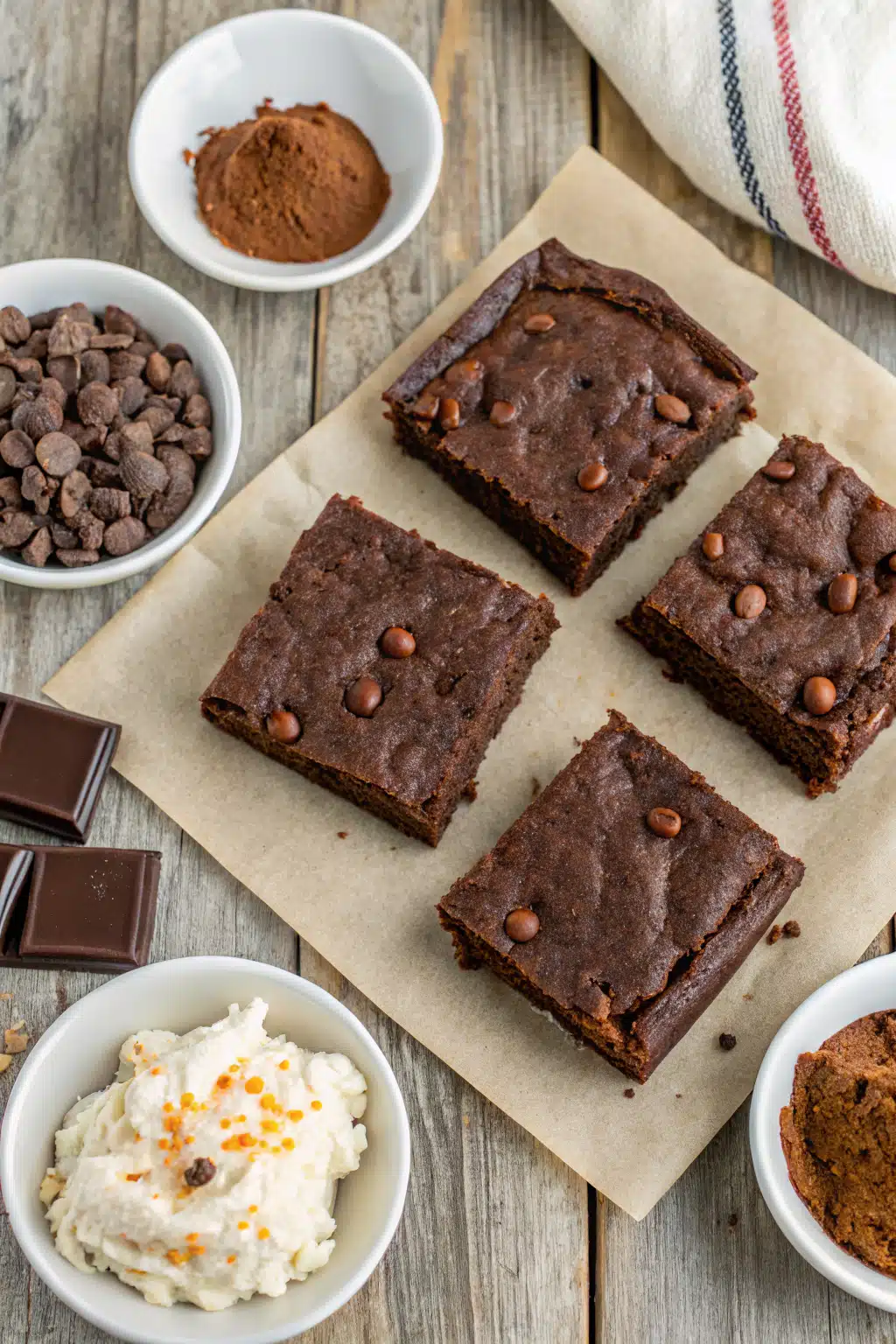 Cottage Cheese Brownies beautifully presented from an overhead angle