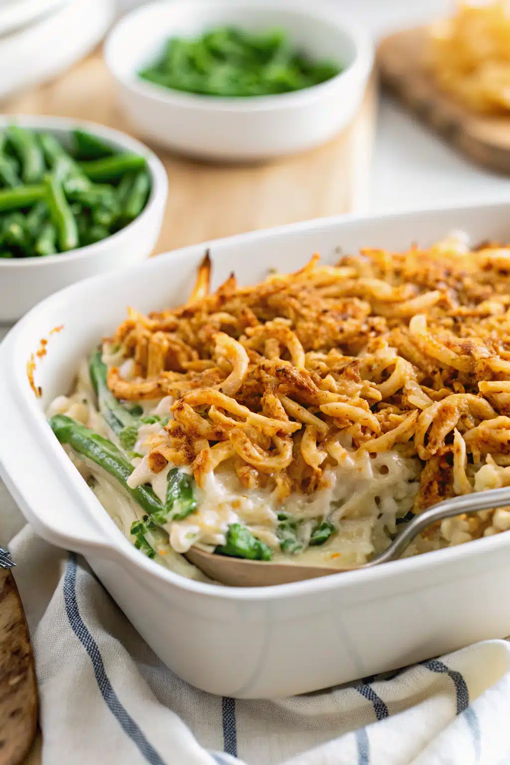 Green Bean Casserole Recipe ingredients organized and measured on kitchen counter