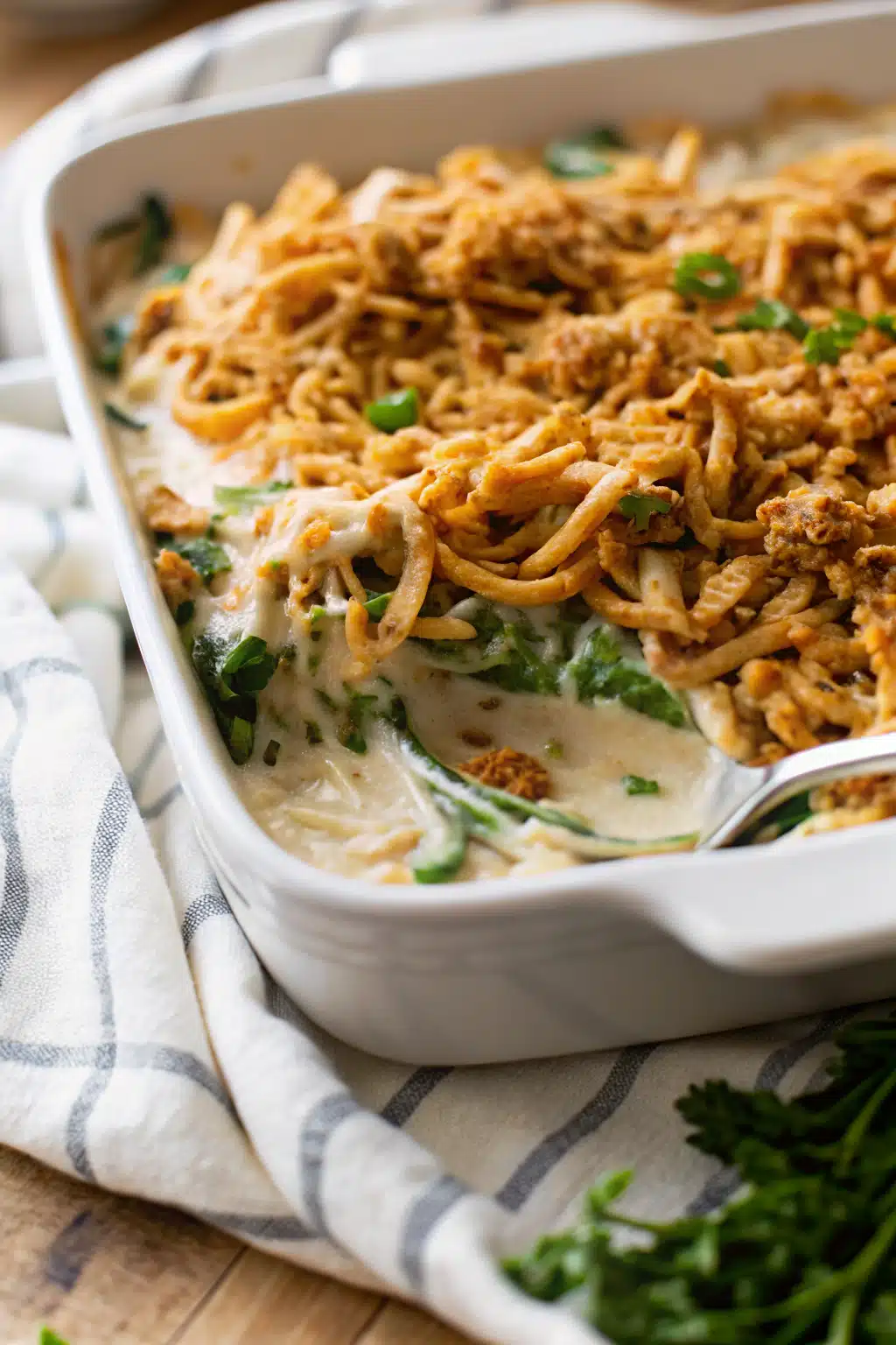 Green Bean Casserole Recipe slice on plate showing perfect texture and swirl pattern