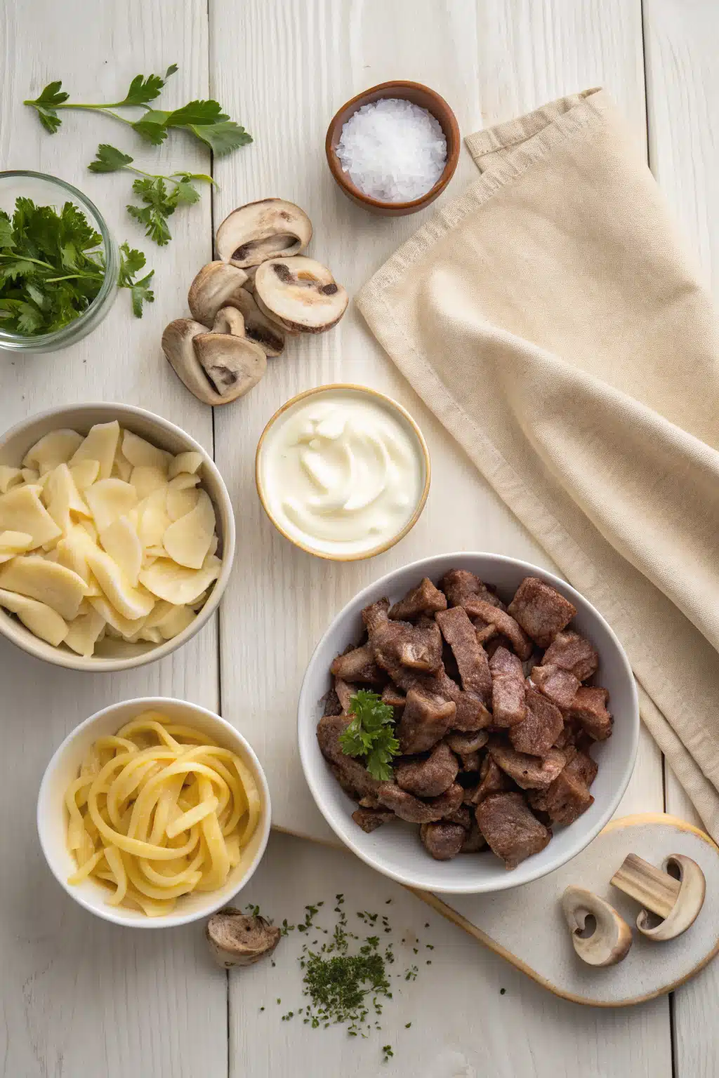Beef Stroganoff Casserole beautifully presented from an overhead angle