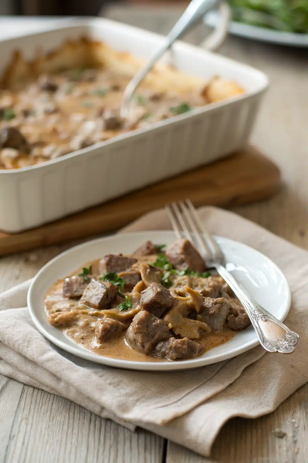 Beef Stroganoff Casserole ingredients organized and measured on kitchen counter