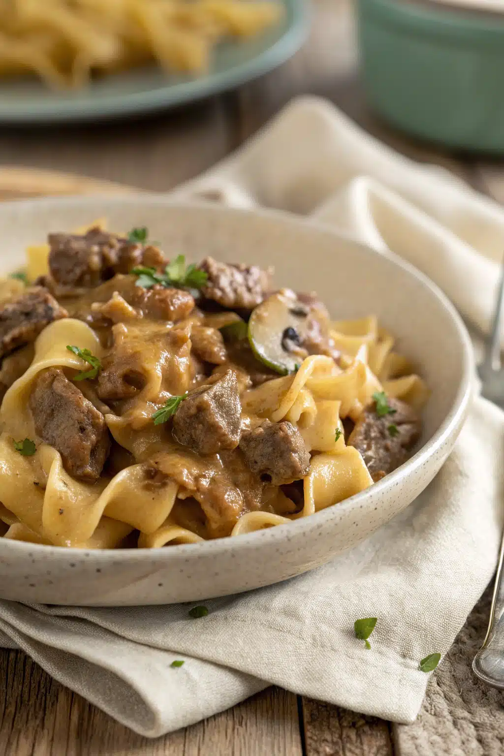 Beef Stroganoff Casserole slice on plate showing perfect texture and swirl pattern