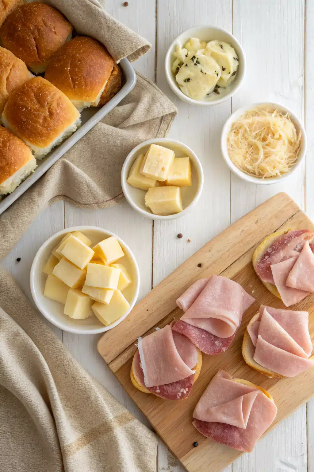 Ham And Cheese Sliders beautifully presented from an overhead angle