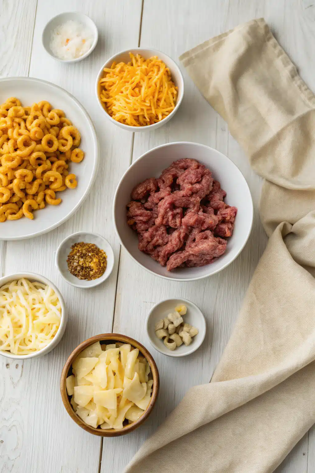 Homemade Hamburger Helper beautifully presented from an overhead angle