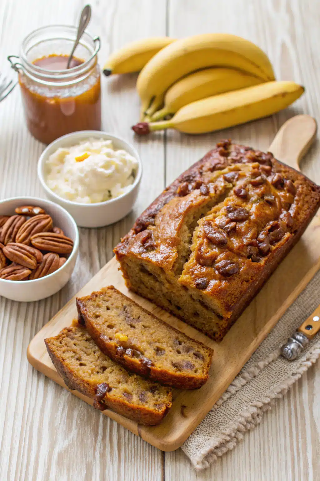 Greek Yogurt Banana Bread beautifully presented from an overhead angle
