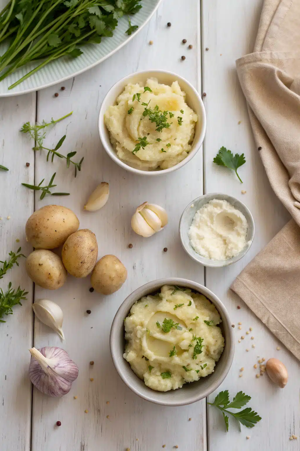 Healthy Garlic Mashed Potatoes beautifully presented from an overhead angle