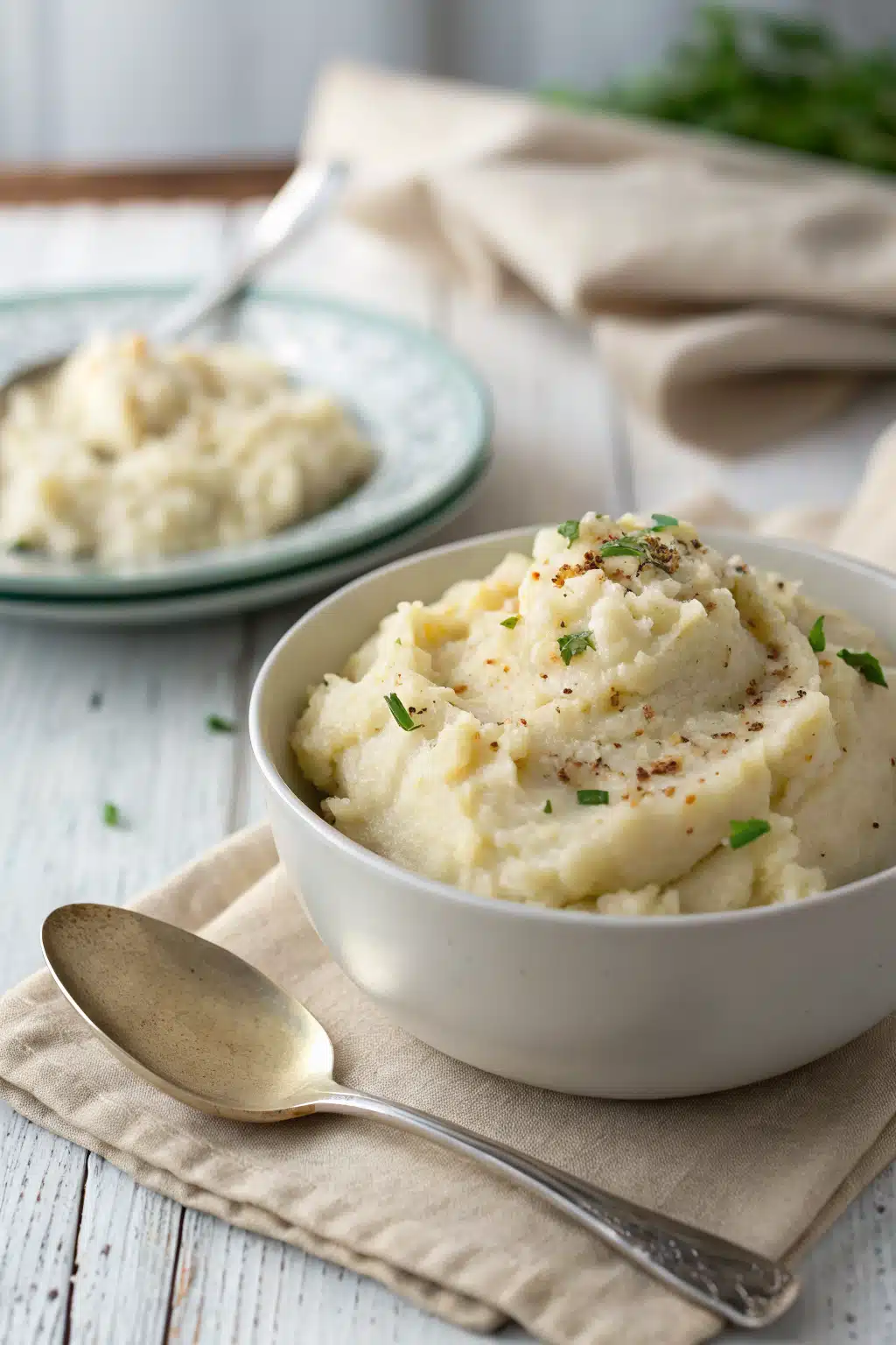 Healthy Garlic Mashed Potatoes ingredients organized and measured on kitchen counter