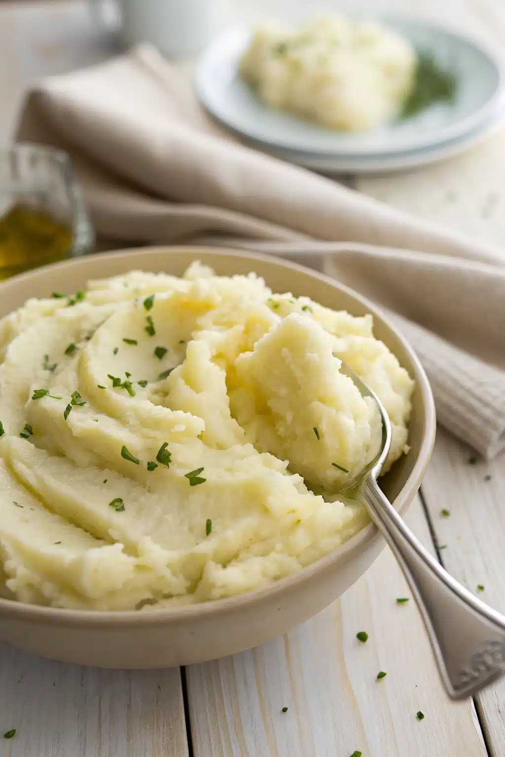 Healthy Garlic Mashed Potatoes slice on plate showing perfect texture and swirl pattern