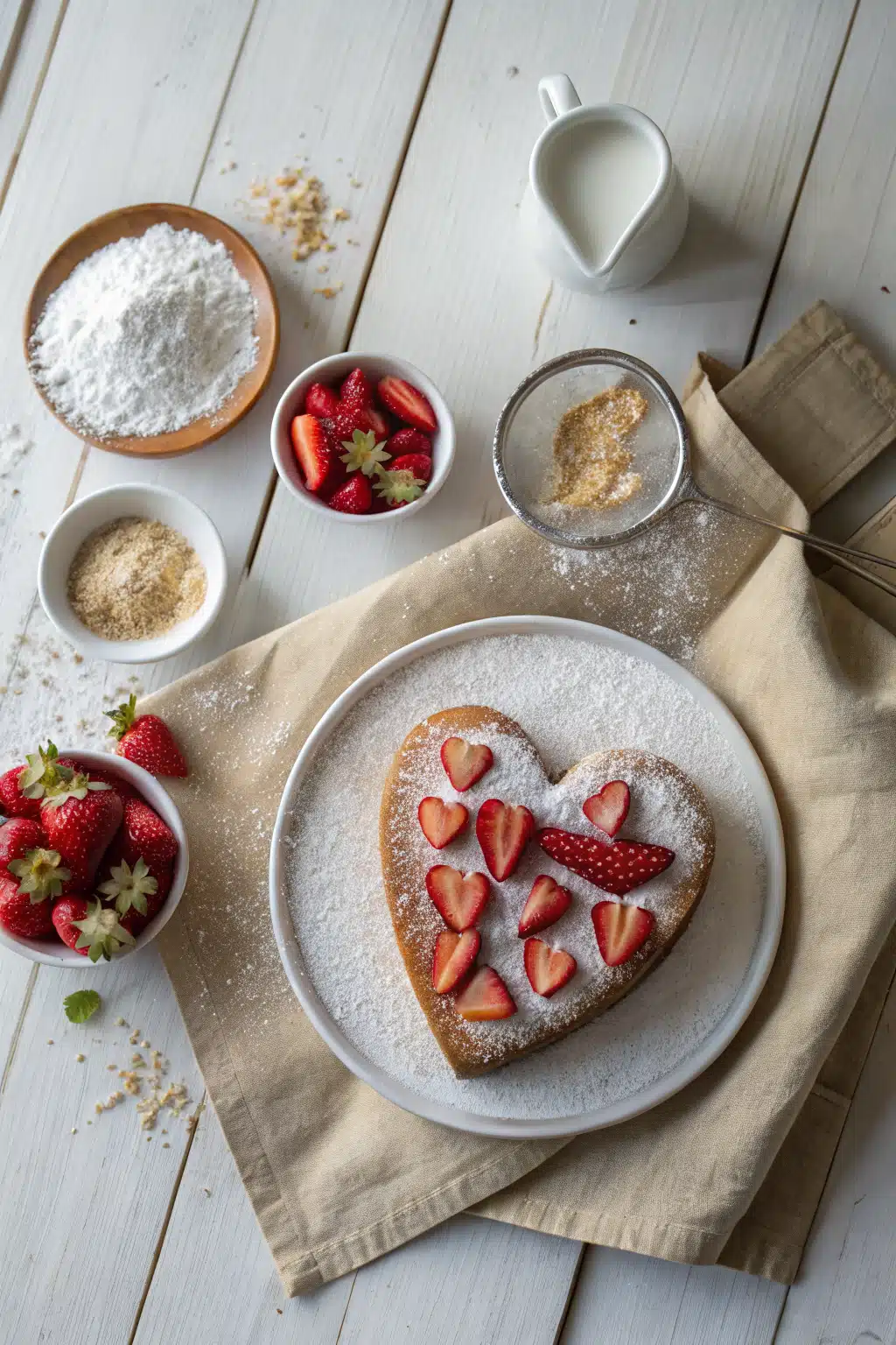 Heart shaped cake beautifully presented from an overhead angle