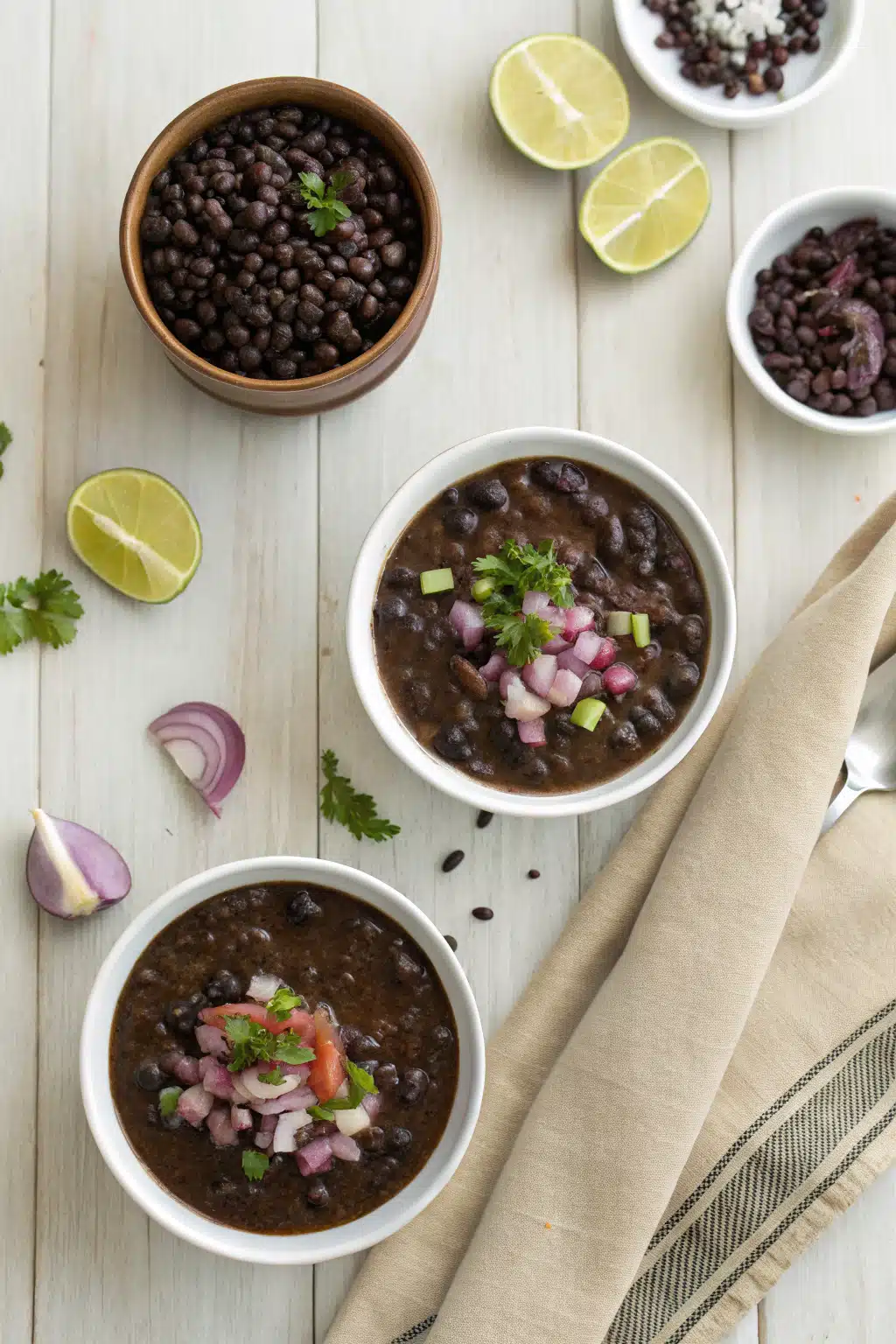 Black Bean Soup beautifully presented from an overhead angle