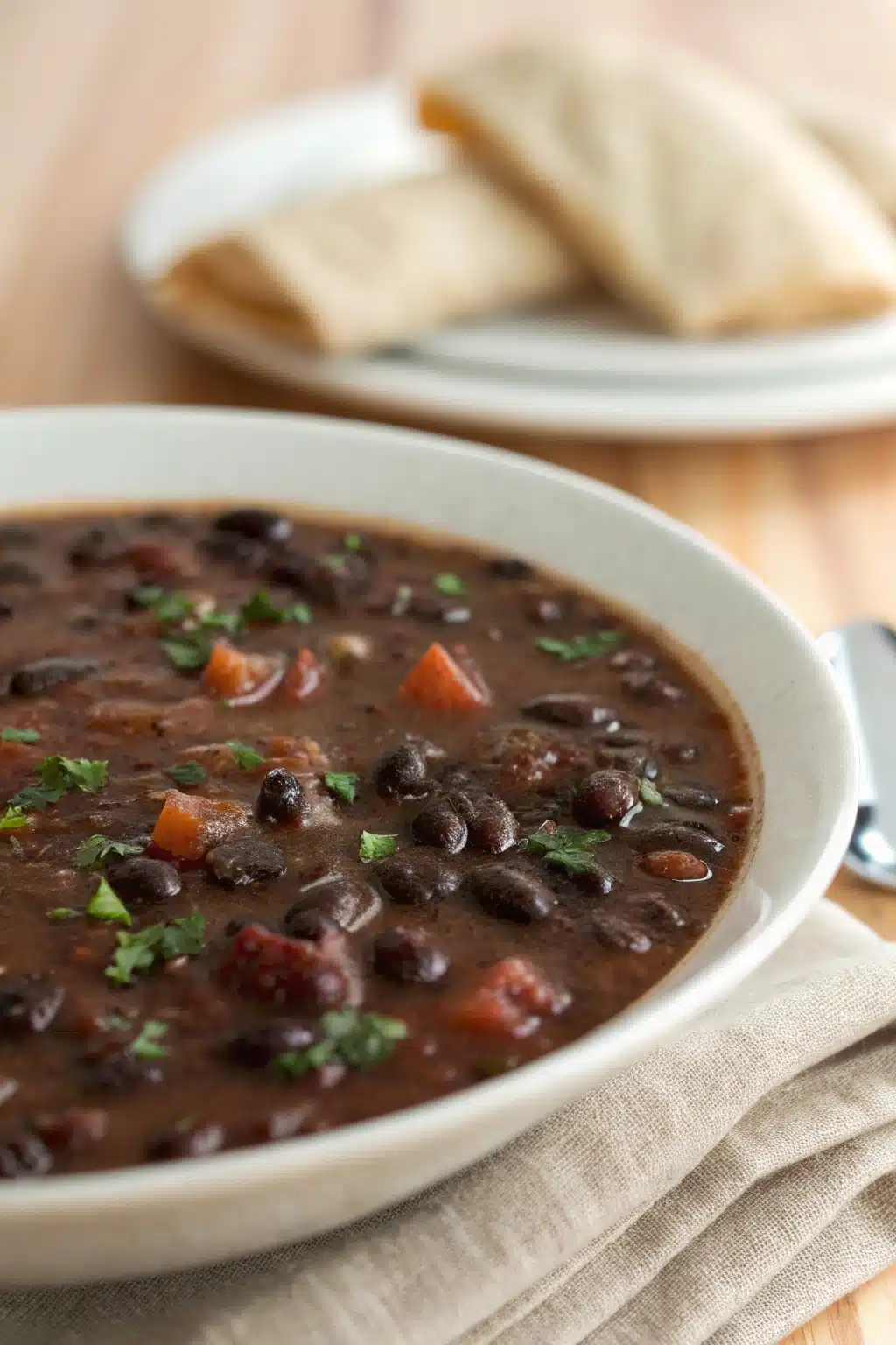 Black Bean Soup slice on plate showing perfect texture and swirl pattern