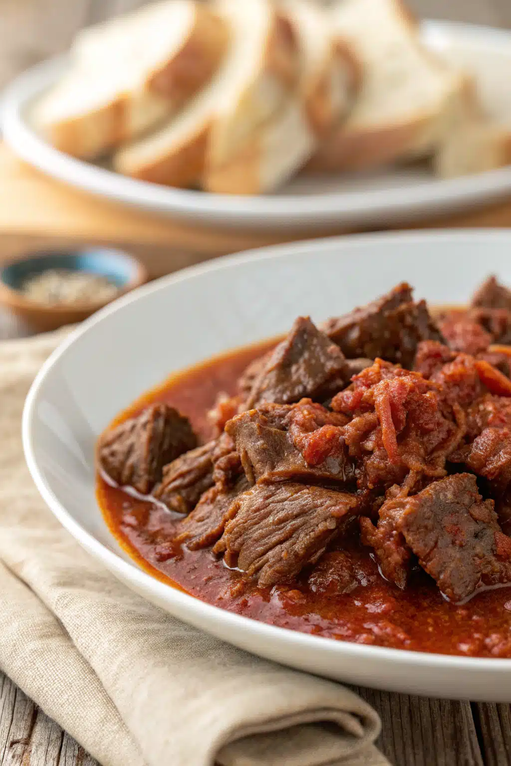 Mexican Beef Stew slice on plate showing perfect texture and swirl pattern