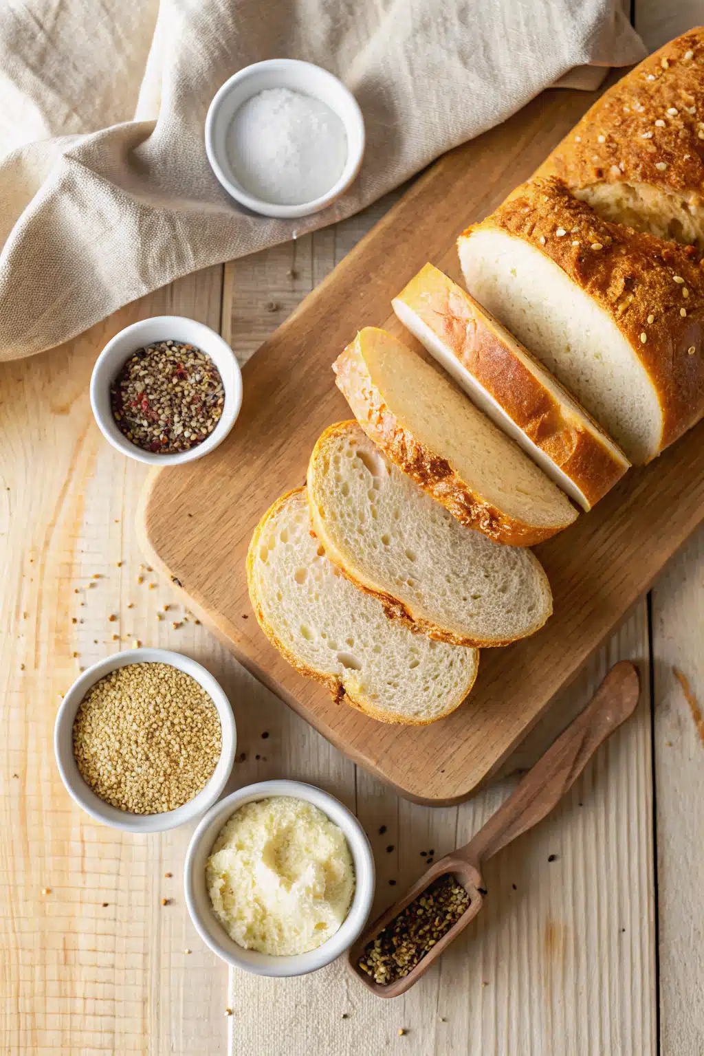 Homemade Sandwich Bread beautifully presented from an overhead angle
