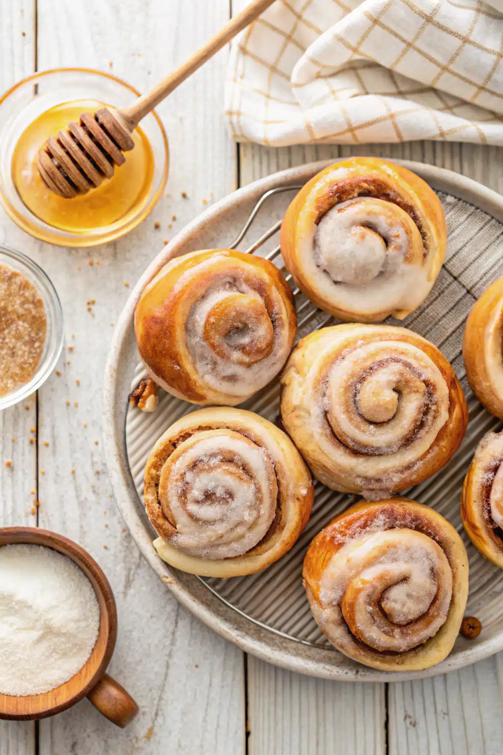 Homemade Honey Buns beautifully presented from an overhead angle