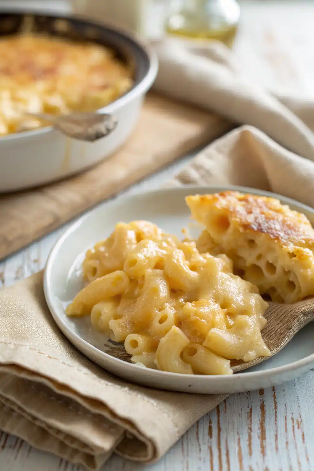 Creamy Macaroni Cheese slice on plate showing perfect texture and swirl pattern