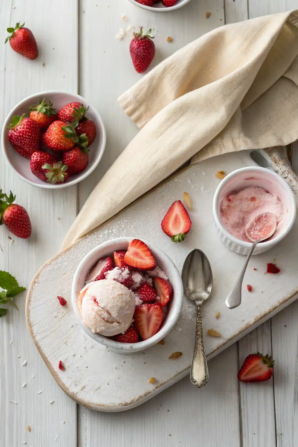 Easy Strawberry Ice Cream beautifully presented from an overhead angle