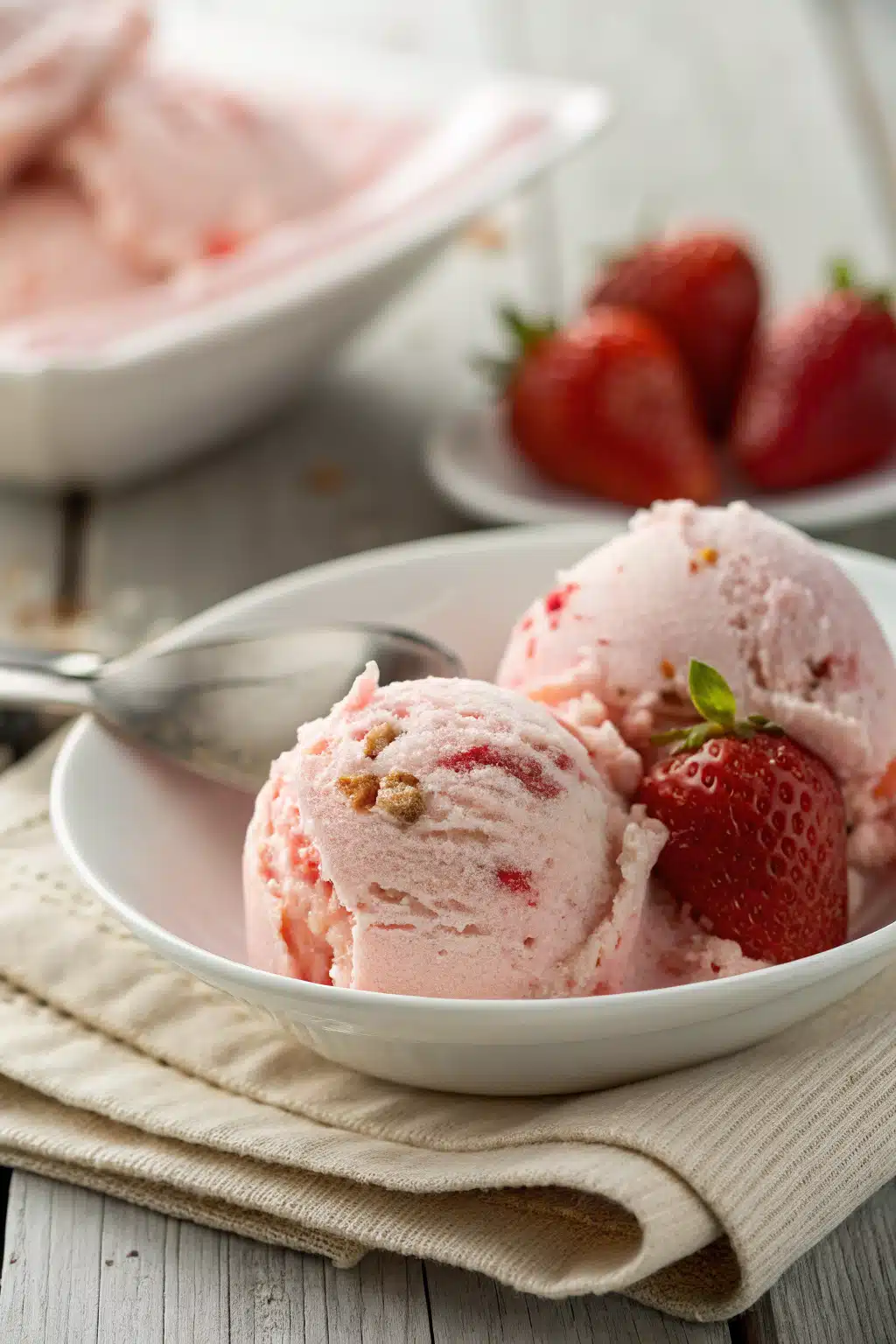 Easy Strawberry Ice Cream slice on plate showing perfect texture and swirl pattern