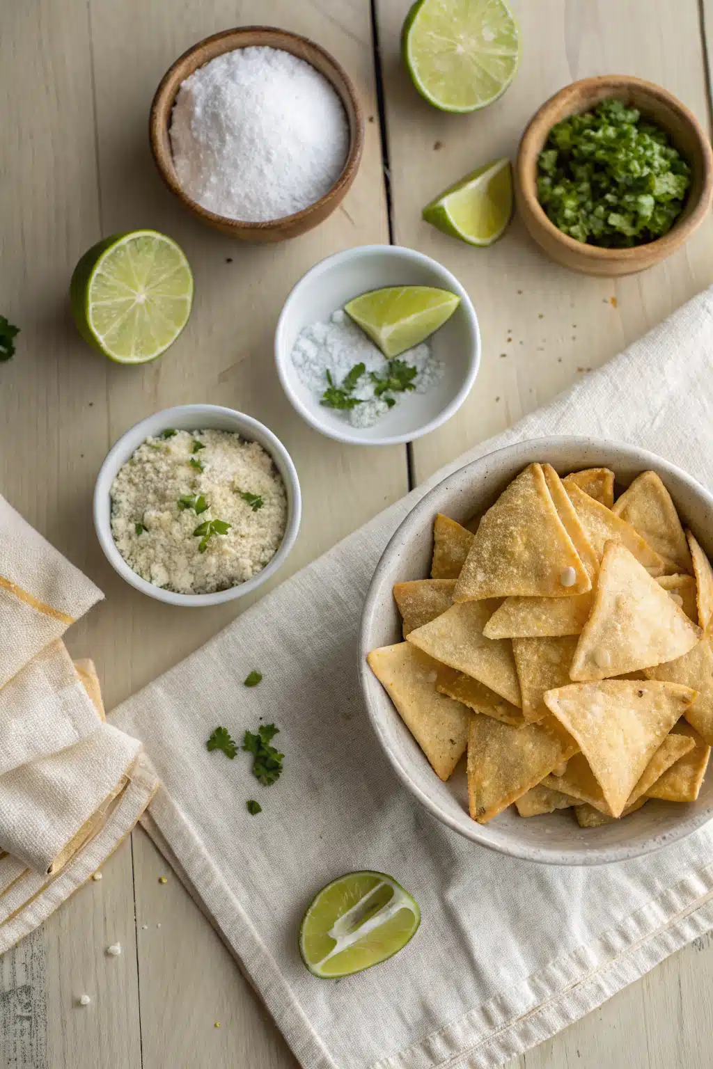 Homemade Tortilla Chips beautifully presented from an overhead angle