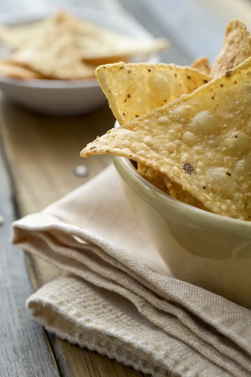 Homemade Tortilla Chips slice on plate showing perfect texture and swirl pattern