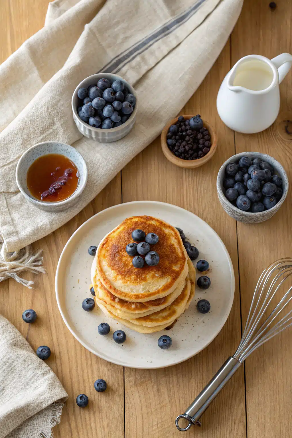 Best fluffy pancakes beautifully presented from an overhead angle