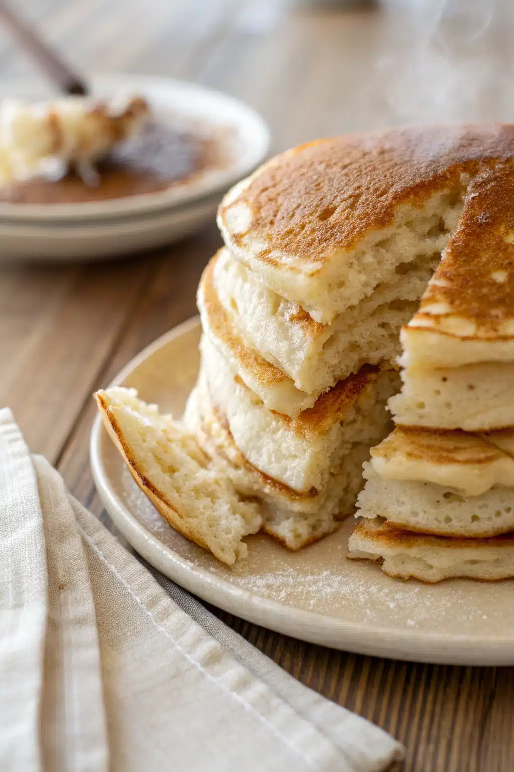 Best fluffy pancakes slice on plate showing perfect texture and swirl pattern