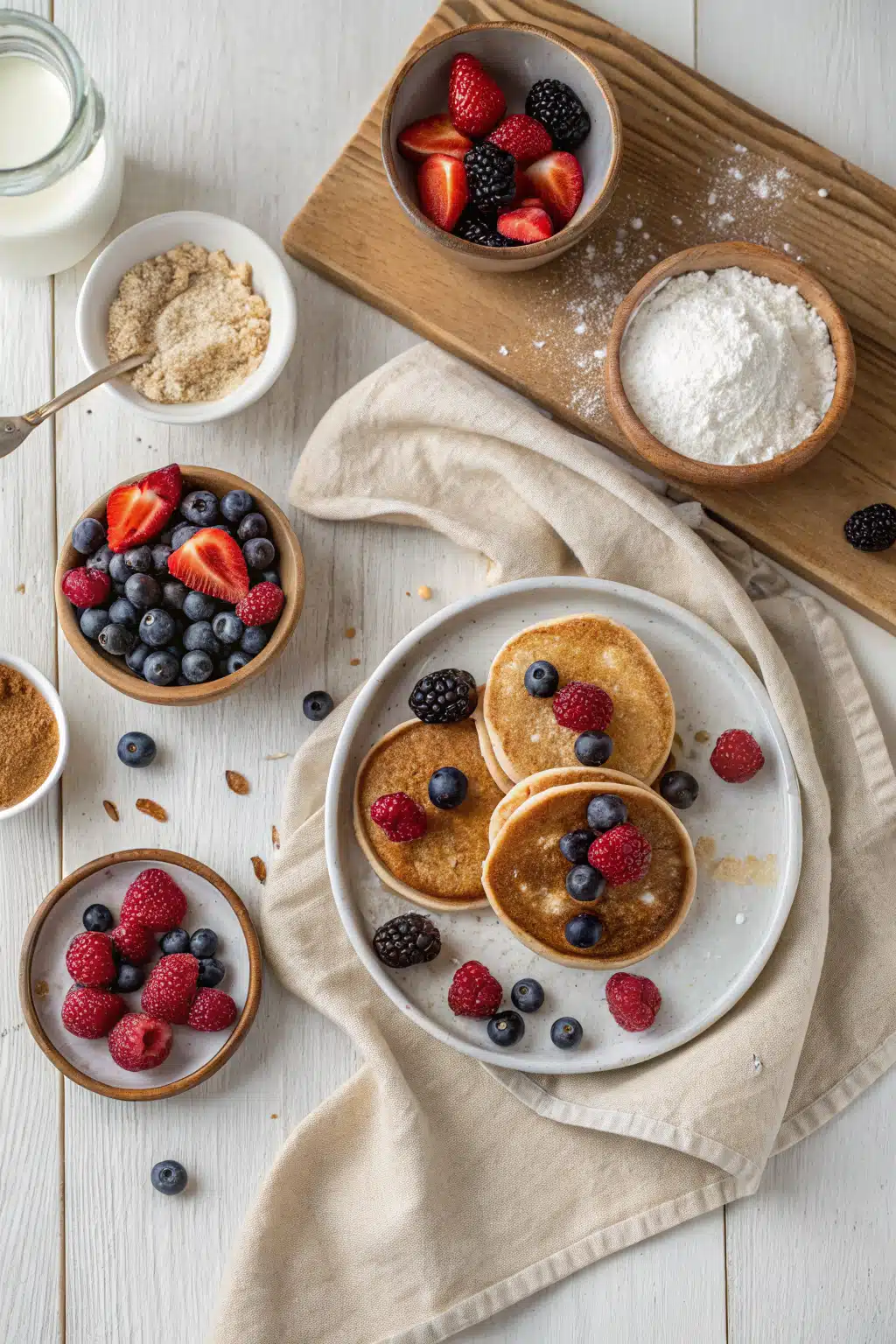 dairy free pancakes beautifully presented from an overhead angle